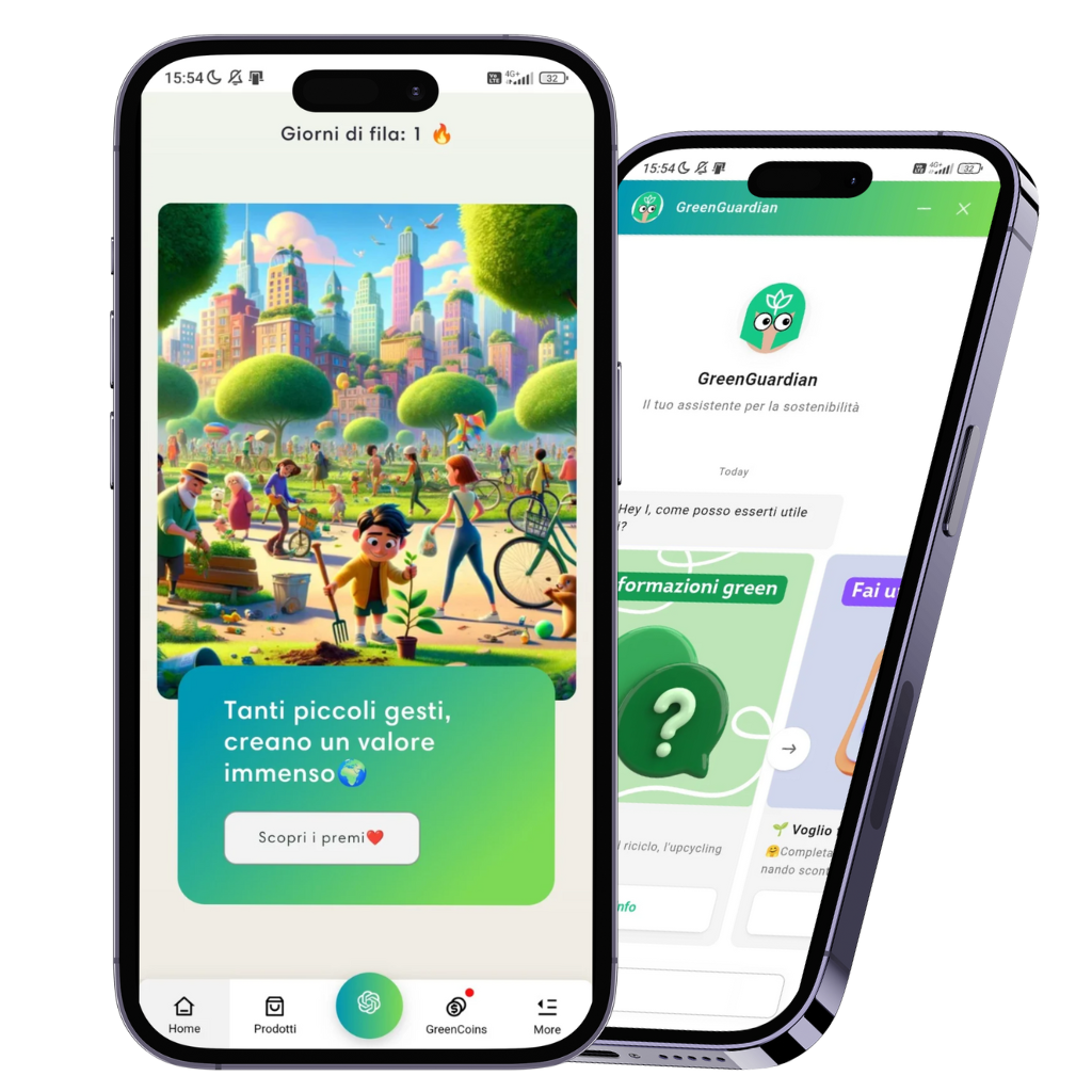 Immagine che mostra 2 Iphone aperti sull'app 'GreenGuardian' che premia gli utenti per le loro azioni green.